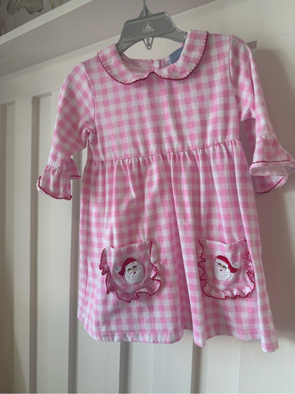 Classic Pink Gingham Nightgown with Santa Pocket Appliqués